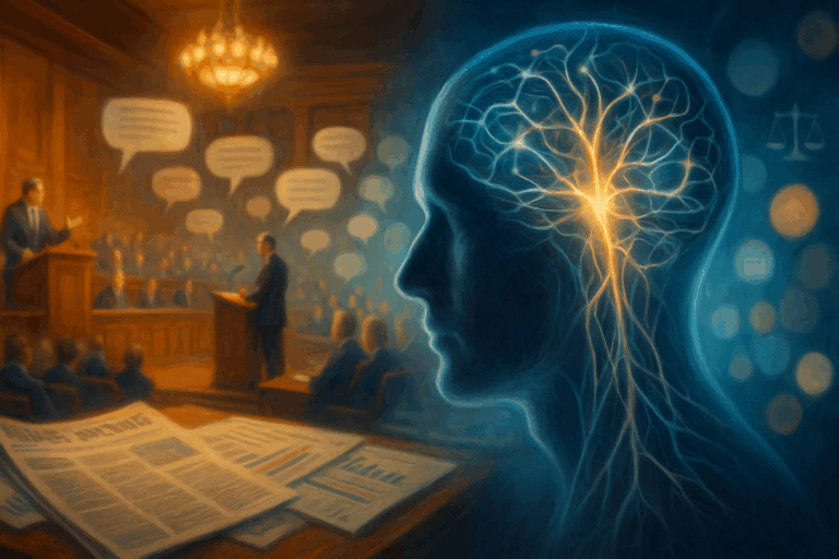 Ultra-wide conceptual image of politics and emotion, with neural pathways blending into a debate hall to symbolize motivated reasoning.