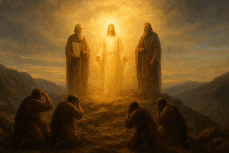 Radiant Yeshua stands between Moses and Elijah on a mountaintop as a bright cloud overshadows three awestruck disciples below—an evocative depiction of the Transfiguration.