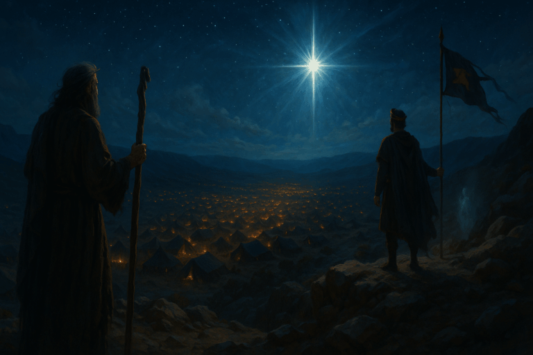 A night scene of Balaam on a Moab ridge above Israel’s camp, a bright star rising over Jacob’s tents, evoking Numbers 24:17.