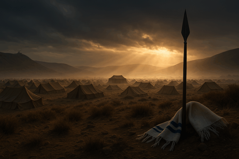 Dawn over the plains of Moab with Israel’s camp, a spear and tallit in the foreground, and light breaking over the Tent of Meeting.