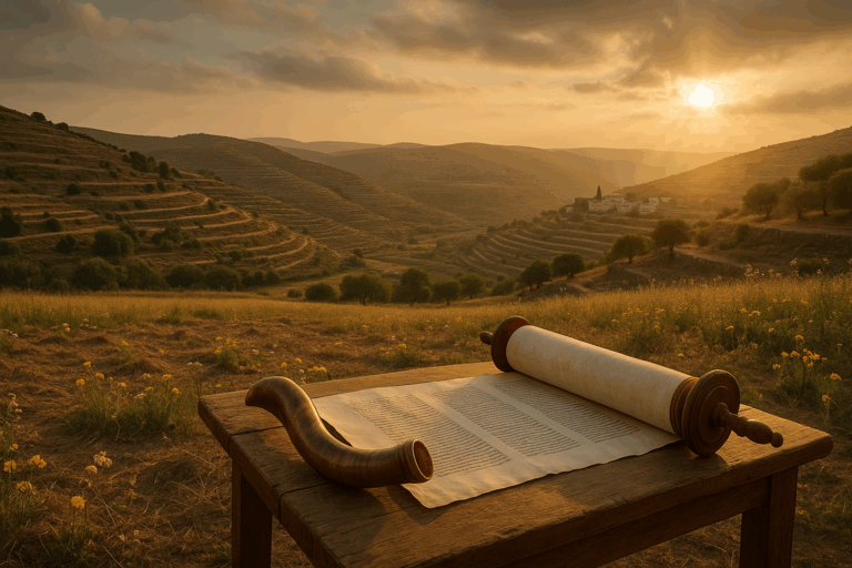 Golden-hour fallow field with Torah scroll and shofar, symbolizing Shabbat, Shemitah, and Jubilee.