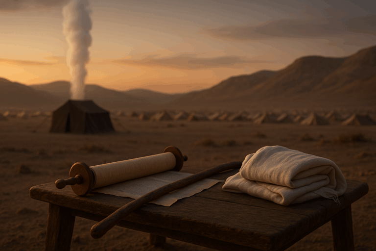Pillar of cloud by the Tent of Meeting at dusk with a Torah scroll, staff, and mantle in the foreground—symbolizing humility and intercession from Beha’alotcha.