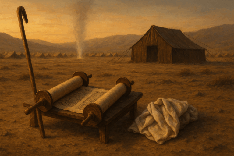 Evening at the Tent of Meeting with a staff, mantle, and Torah scroll set on a low table before a faint pillar of cloud, symbolizing humility and intercession.