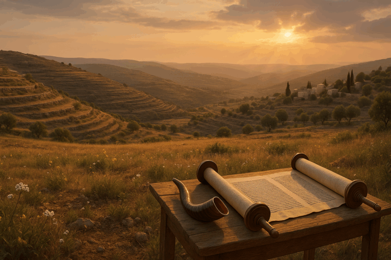 Fallow Judean field at golden hour with shofar and Torah scroll, terraces resting under soft light.
