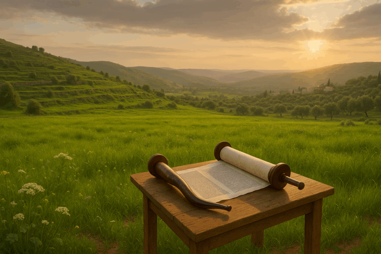Judean hills at golden hour with a fallow field, Torah scroll and shofar on a table, symbolizing Shemittah and Jubilee rest.