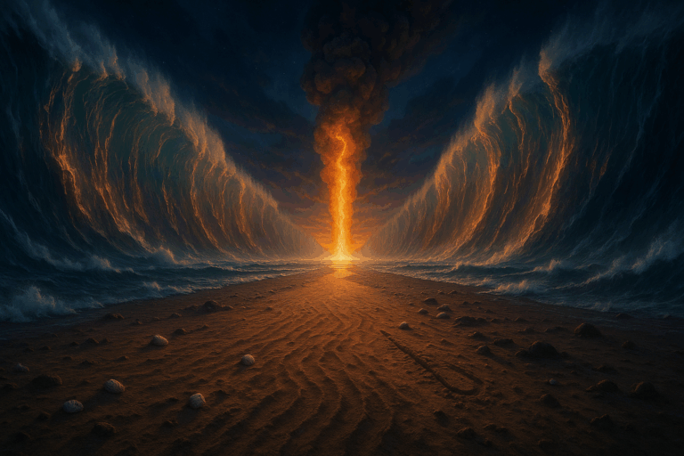 Parted Sea of Suf at pre-dawn with pillar of fire and cloud rising behind