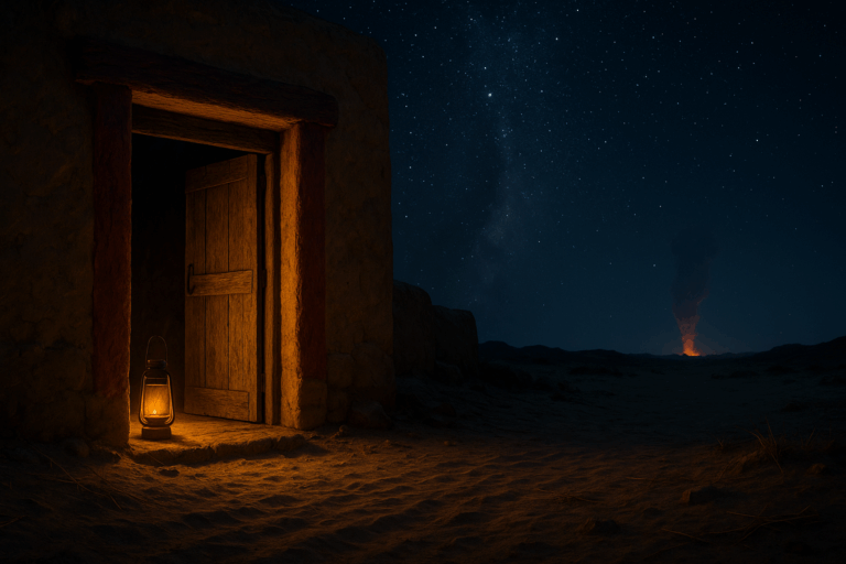 Winter night in Goshen with a marked doorway glowing by lantern light, echoing Passover in Parashah Bo.