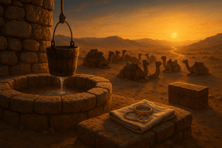 “Desert well at dusk with camels resting and bridal gifts on the well’s edge.”