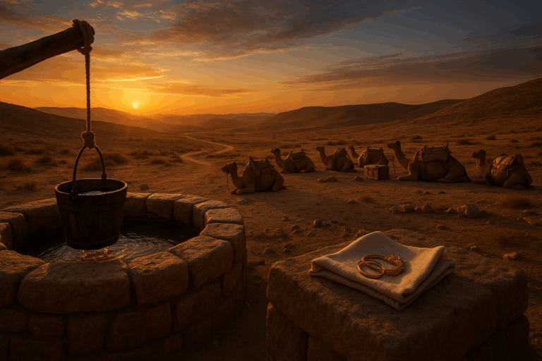 Desert well at dusk with camels and bridal jewelry symbolizing Rebekah’s call in Chayei Sarah.