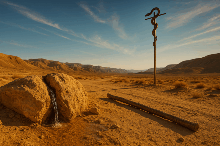 Split desert rock trickling water near a bronze serpent standard under a golden Zin sky