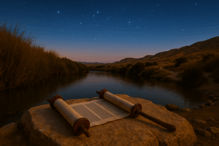 Midsummer dusk at the Jordan River with a Torah scroll and staff, first stars appearing over distant hills.