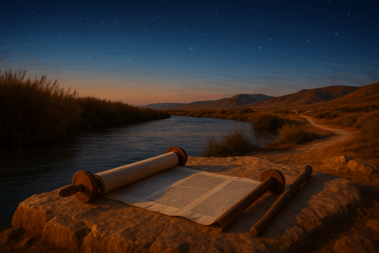 Midsummer dusk by the Jordan with an unrolled Torah and wooden staff on warm limestone, path leading toward Jericho’s hills under a deep blue, star-touched sky.