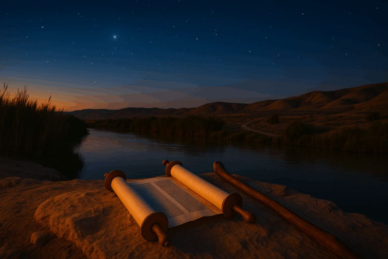 Midsummer dusk by the Jordan River with an unrolled Torah and staff, first stars appearing over Jericho’s hills.