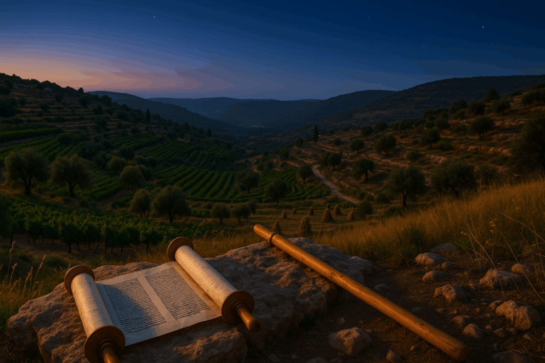 Late-summer Torah scene with staff, terraces of vines and olives, and a cobalt dusk sky for Parashat Ekev.