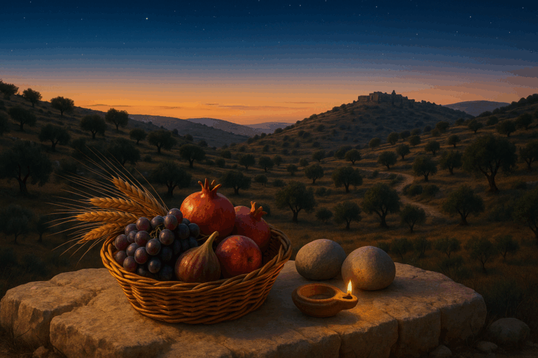 First-fruits basket and witness stones at late-summer twilight in the Judean hills