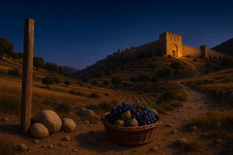 Elul twilight by an ancient city gate with stake, witness stones, and first-fruits basket under a starry indigo sky.