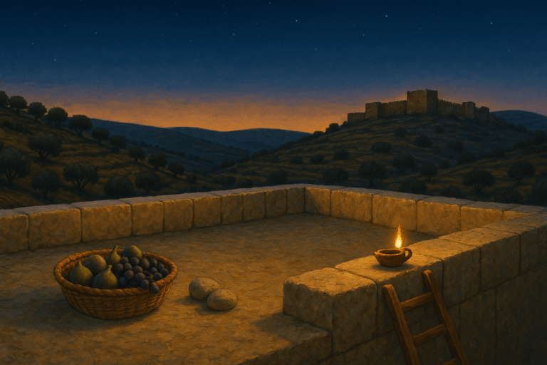 Ancient Israelite rooftop with new parapet at Elul twilight, basket of first-fruits, olive-terraced hills, and city walls beneath first stars.