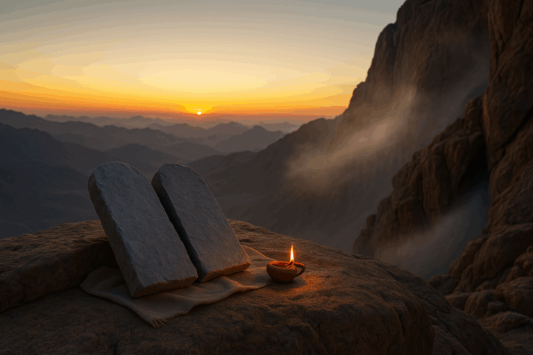 Dawn at Sinai with stone tablets and holy radiance over the mountain.