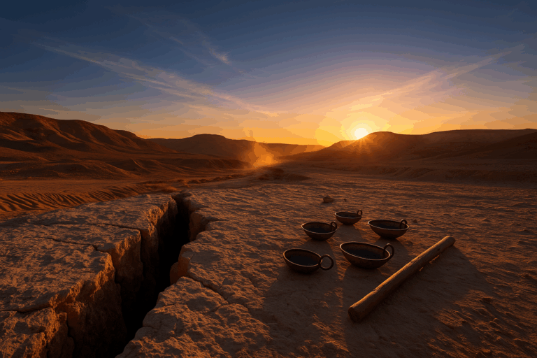 Early-summer desert dawn with a rock fissure, bronze firepans, and a resting staff near low copper-gold hills.
