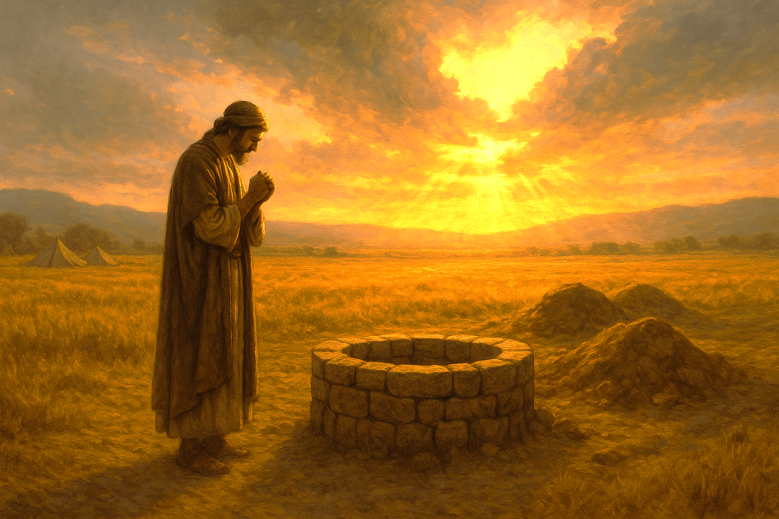 Wide illustration of Isaac praying in a sunlit field beside re-opened desert wells, symbolizing intercession, breakthrough, and God’s presence.
