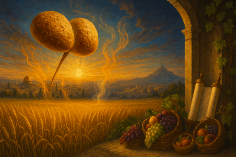 Two leavened Shavuot loaves lifted above a golden wheat field with hints of Sinai wind and fire at dawn