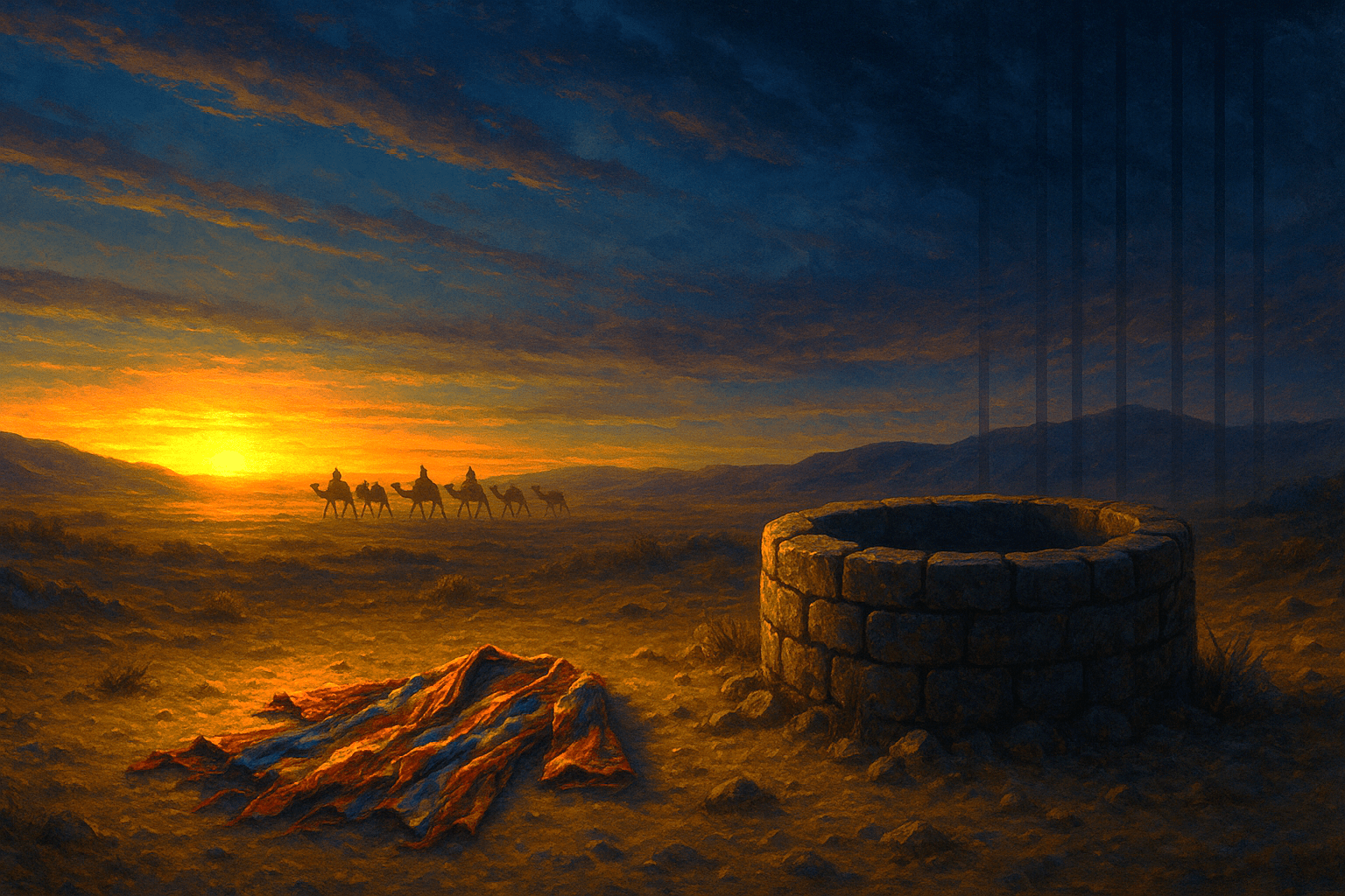 Abraham and Isaac ascending Mount Moriah at autumn twilight with a ram in a thicket, wood on Isaac’s back, and a distant ridge below.