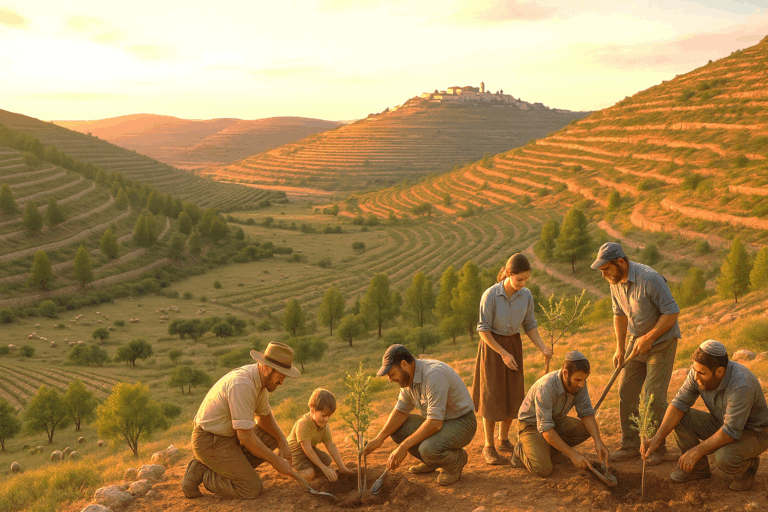 Gentile volunteers and Israeli farmers planting vines on a terraced hillside in Samaria at sunset, with a village and flocks in the distance.