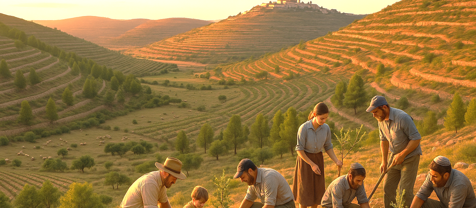 Gentile volunteers and Israeli farmers planting vines on a terraced hillside in Samaria at sunset, with a village and flocks in the distance.