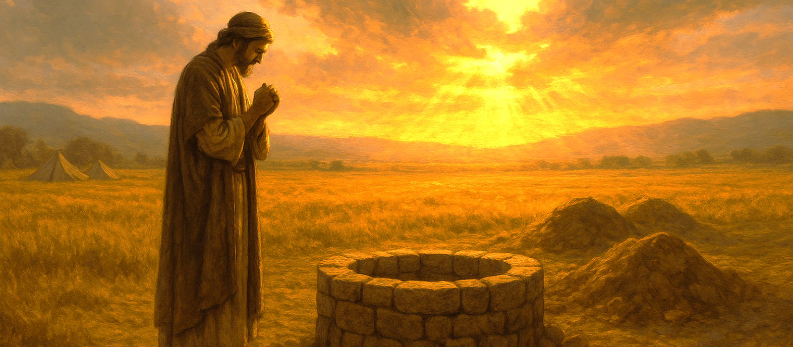 Wide illustration of Isaac praying in a sunlit field beside re-opened desert wells, symbolizing intercession, breakthrough, and God’s presence.