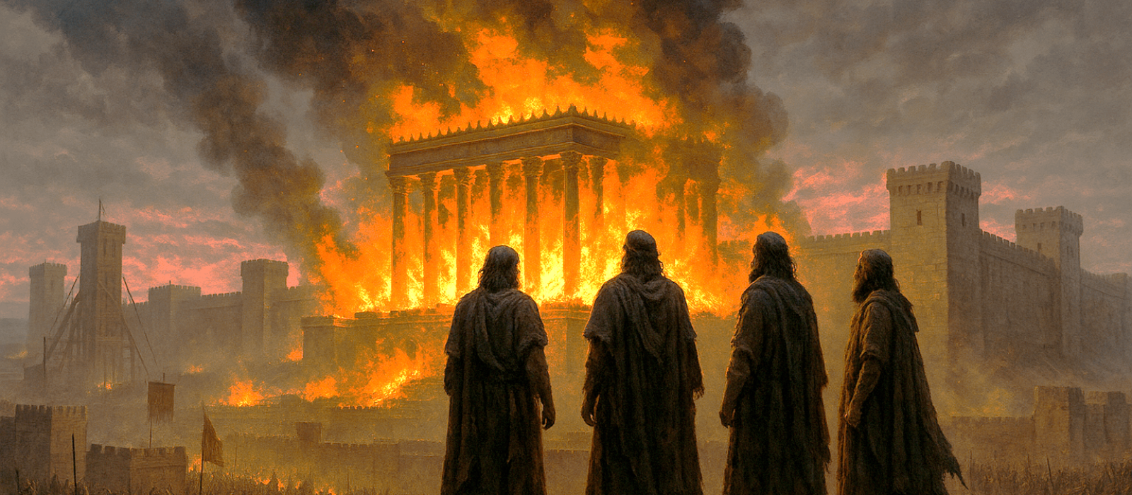 Roman siege of Jerusalem with the Second Temple in flames and three Jewish zealot leaders standing on the Temple Mount.