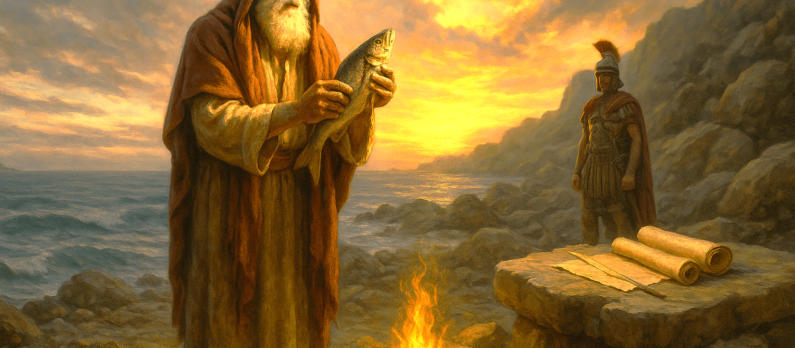 Elderly Yochanan on Patmos preparing fish by the Aegean Sea as a Roman guard watches, with scrolls ready for the Revelation.