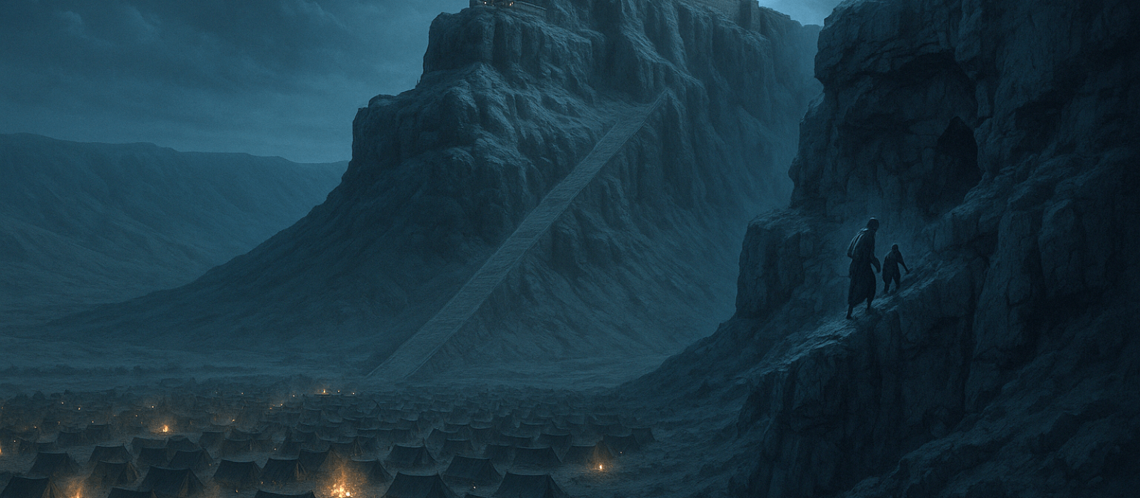 Panoramic night view of Masada fortress under siege, with Romans below and a couple escaping toward a hidden cave on the cliff.
