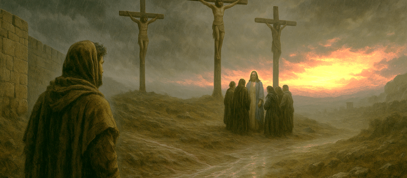 Stormy Golgotha hill with three crosses, a young Zealot watching, and Miriam standing in quiet, radiant hope as light breaks through dark clouds.