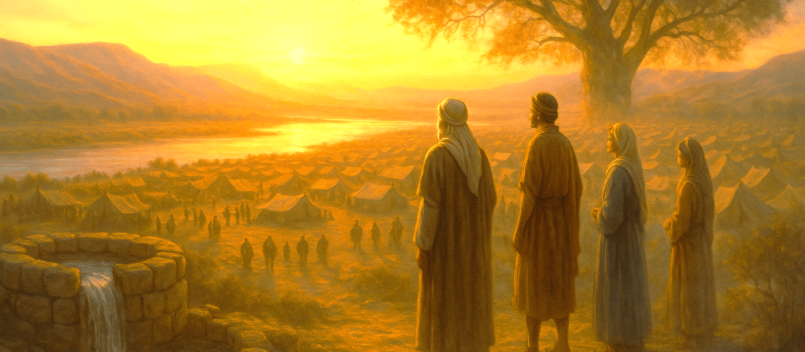 Israelites standing by the Jordan at sunrise, looking toward the Promised Land with a well and tree symbolizing God’s faithfulness.