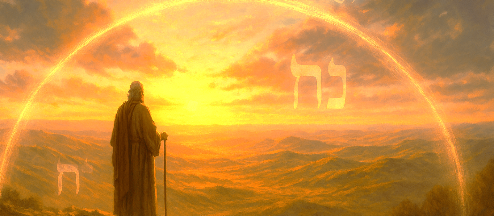 Moses stands on a mountain at sunset, gazing over the Promised Land as a glowing wall of light surrounds the landscape, symbolizing God’s grace.