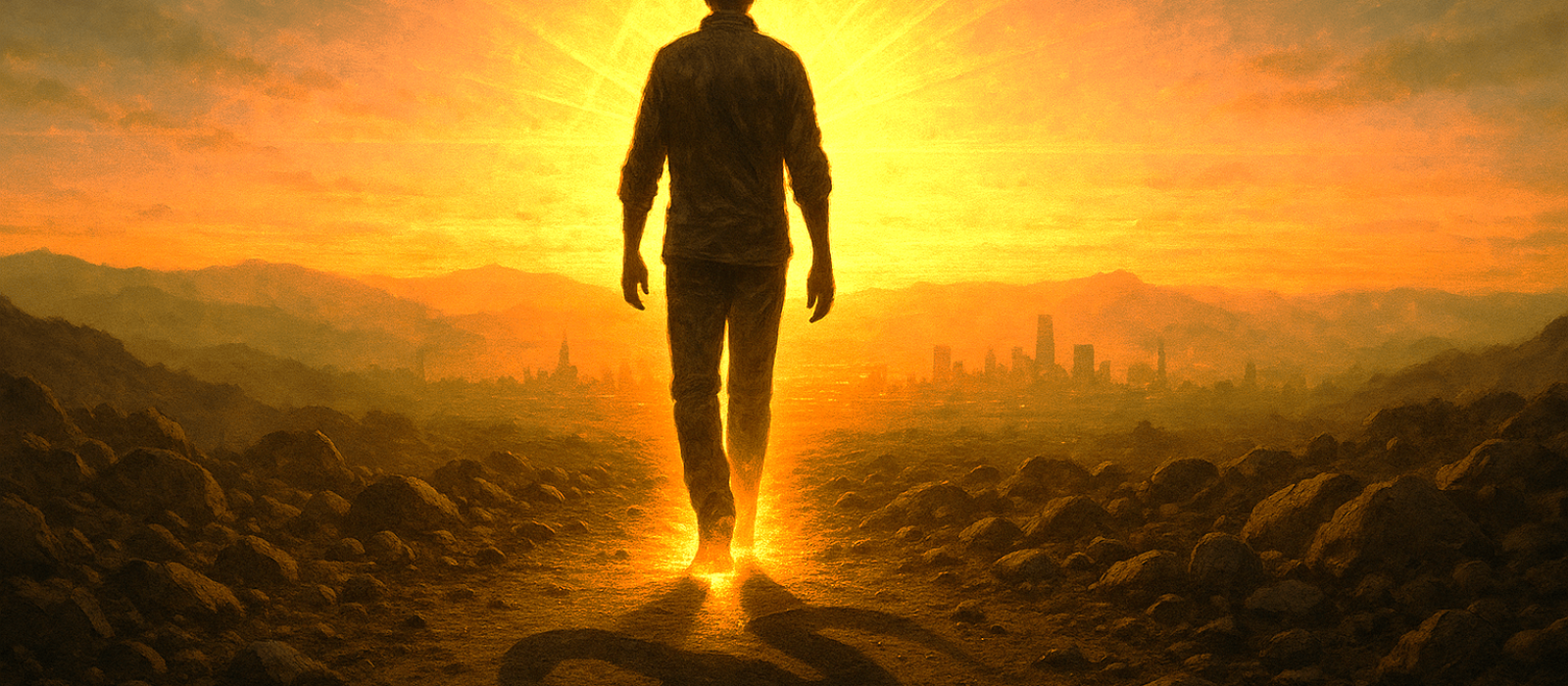 Believer walking at sunrise with glowing heels stepping on a serpent’s shadow, symbolizing a Jacob generation in spiritual victory.