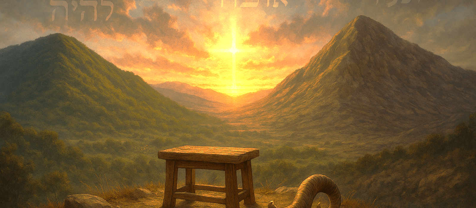Wide sunrise view of two contrasting mountains, one green and one barren, with a wooden altar and ram’s horn in the foreground, symbolizing blessing, curse, and God’s provision.