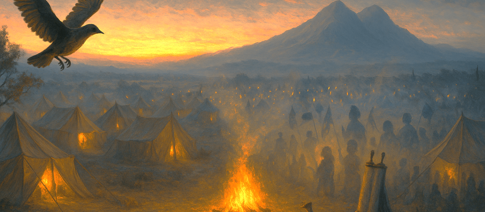 Ancient Israelite camp at dusk with a mother bird leaving her nest, distant mountains, and diverse worshipers gathering in God’s presence.
