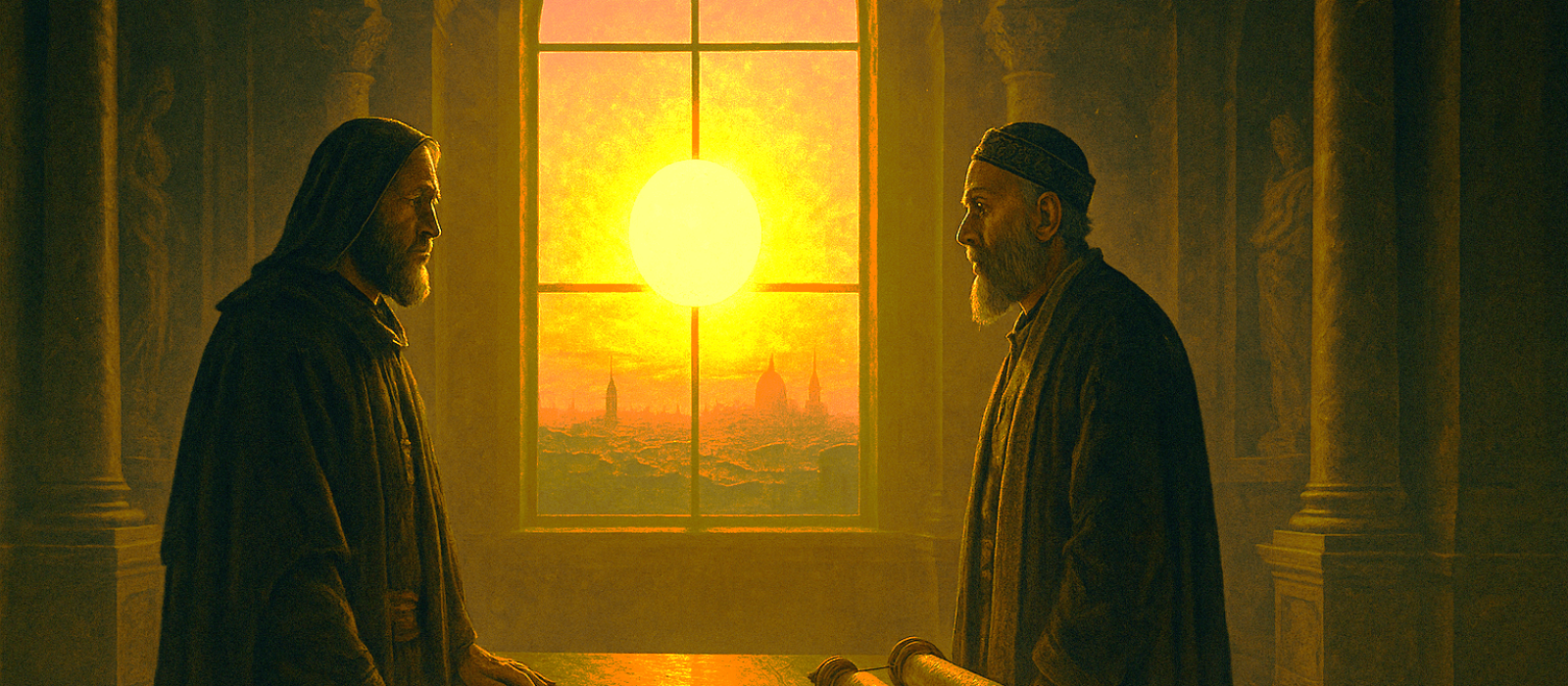 Bishop Eusebius and Rabbi Samuel stand by a basilica window in Rome as Constantine’s sealed edict lies on the table, foreshadowing the exile of Messianic Jews.