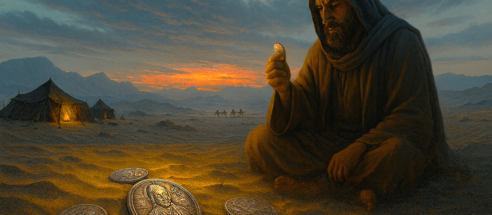 Ancient Messianic coins in the Tabuk desert at dusk, with a nomad camp and caravan in the distance.
