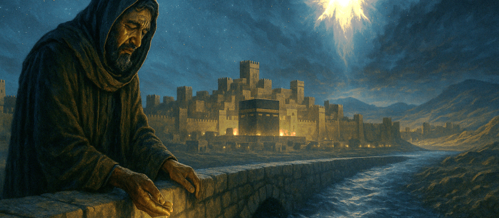 Lone robed man on a desert bridge at night dropping a coin into a rushing river beneath an ominous angelic light over an ancient city.
