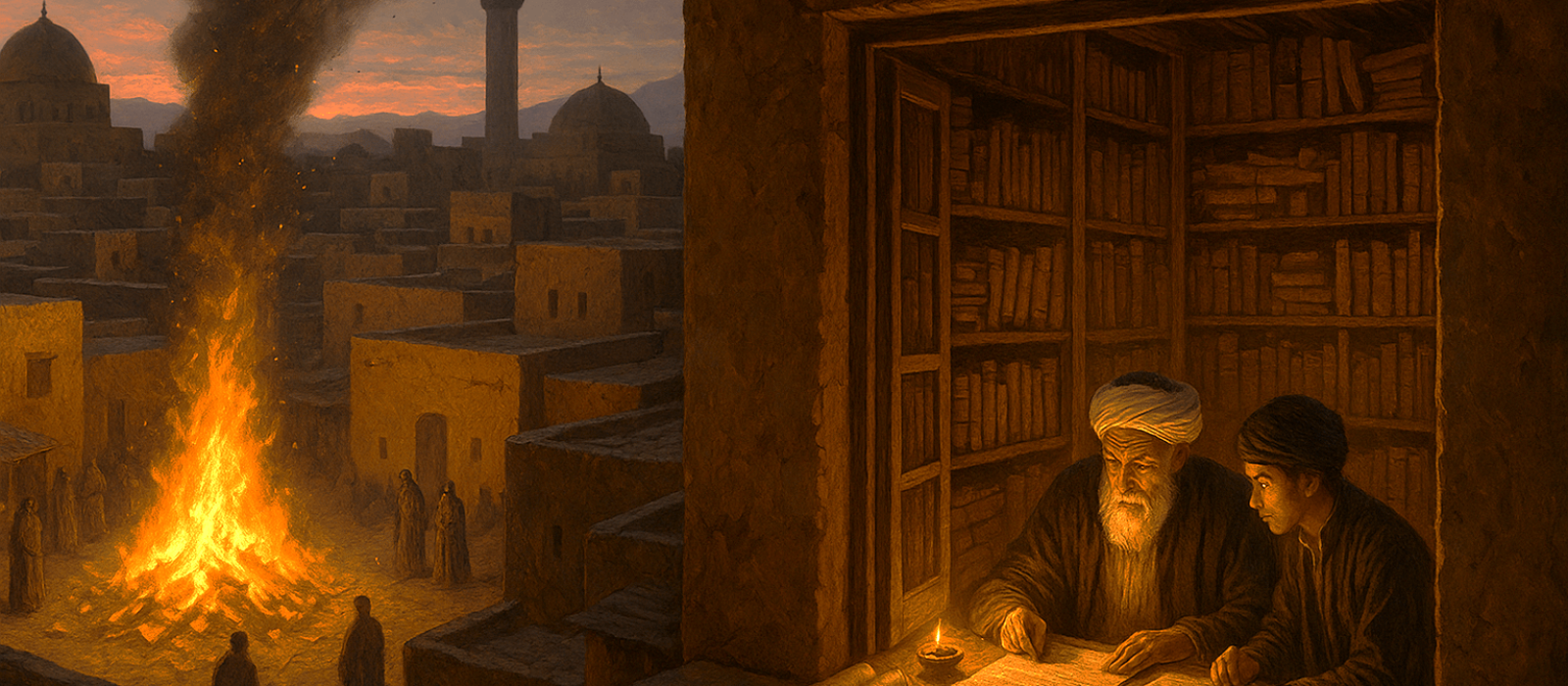 A 7th-century Medina scholar and his student guard Hadith scrolls as officials burn rejected manuscripts in the city square at dusk.