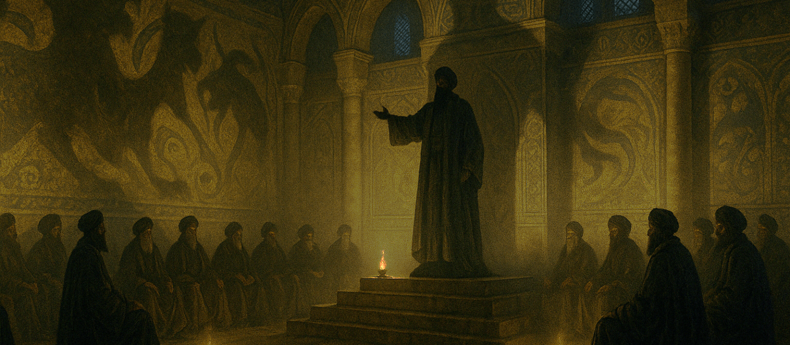 A secret council of caliphs in a dimly lit Damascus palace, their shadows stretching like beasts across mosaic walls as a dark creed is proclaimed.