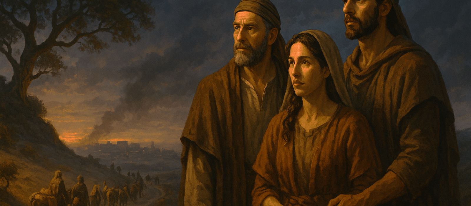 A Jewish family and small caravan leave the hills near Jerusalem at dusk during the Bar Kokhba revolt, choosing exile and life over war as smoke rises in the distance.
