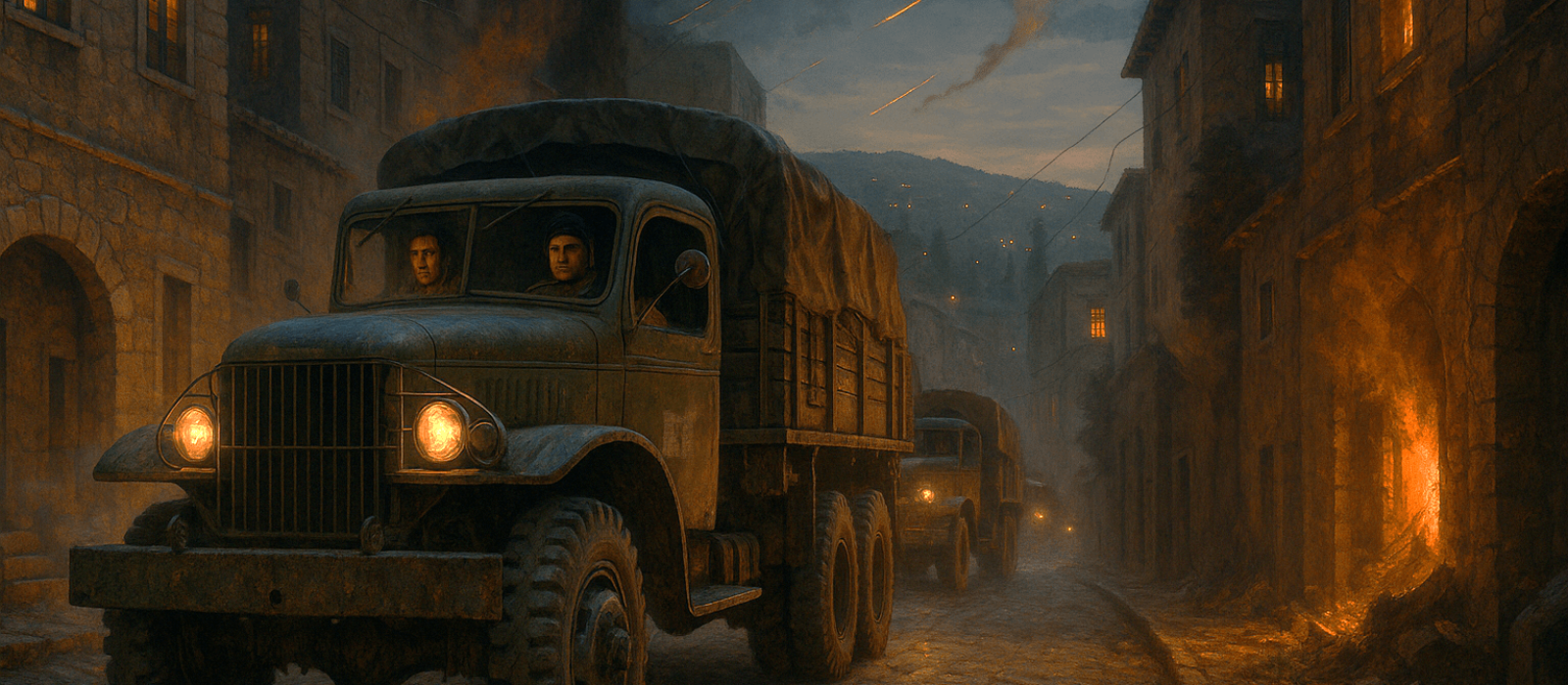 Young Jewish and Druze Haganah fighters lead a 1948 supply convoy through burning Haifa streets, symbolizing courage, brotherhood, and Israel’s rebirth.