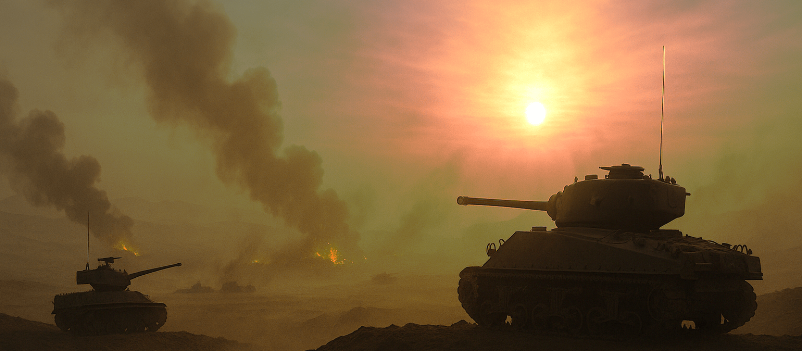 Israeli tanks hold a smoking ridge in the Sinai at dawn during the Suez Crisis, desert sky glowing with thin golden light after battle.