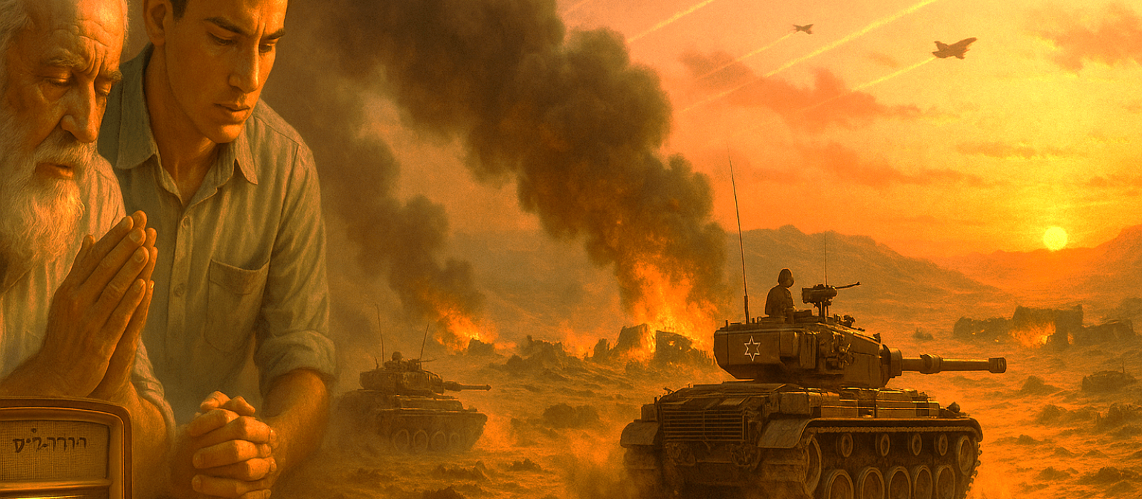 Israeli tanks advance through the Sinai at dawn as a Kol Yisrael radio glows in a family’s home during the Six Day War.