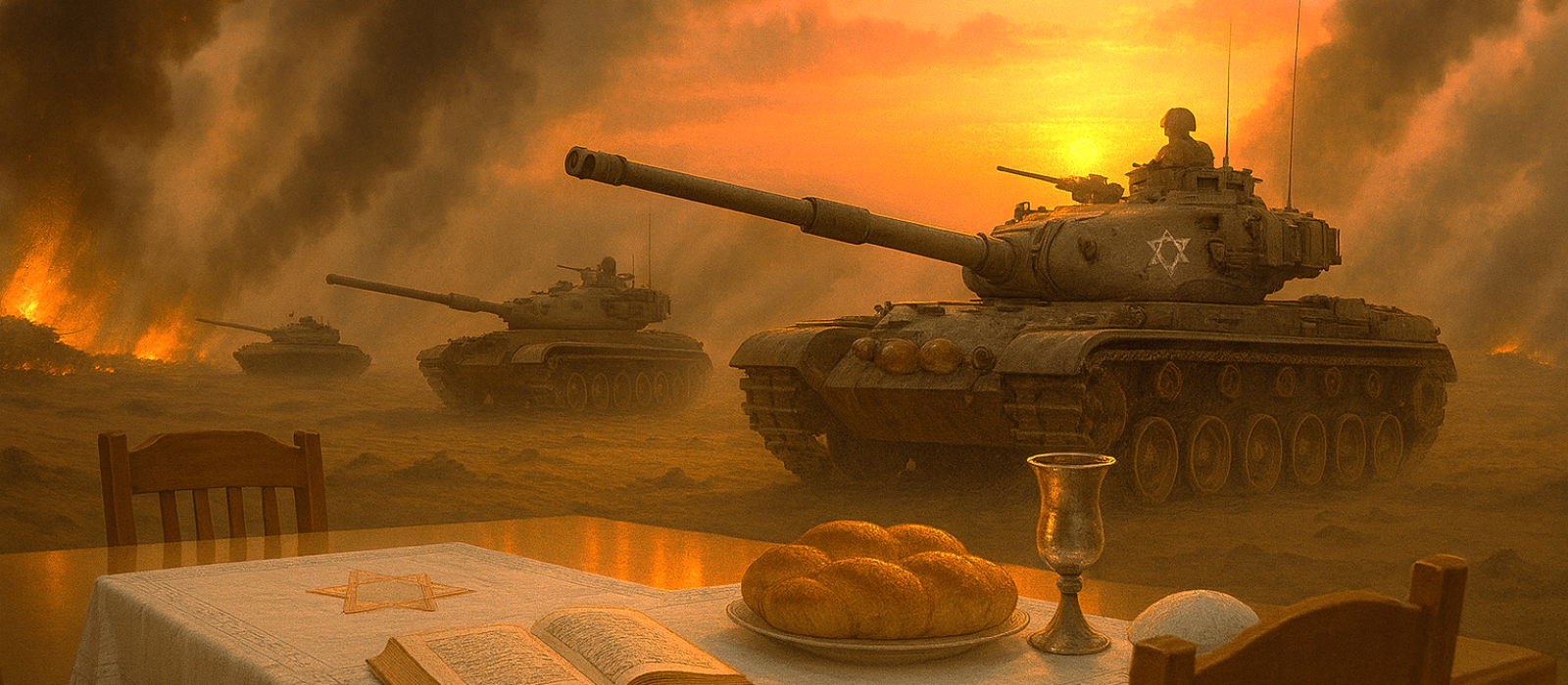 Israeli tanks advancing through smoke in the Sinai at dawn during the Yom Kippur War, with a faint reflection of a family’s Yom Kippur table.