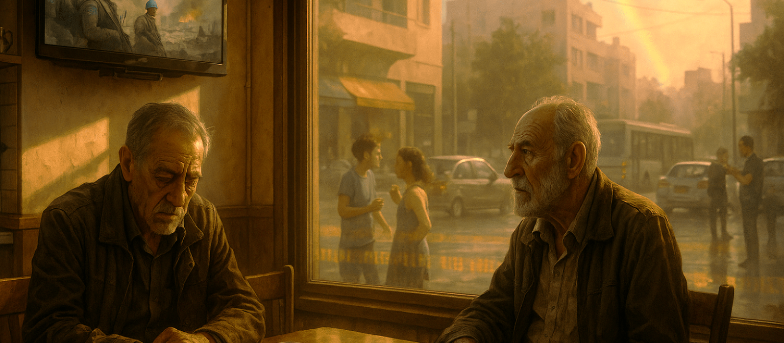 Two retired Israeli intelligence veterans sit in a Tel Aviv café, watching UN ceasefire footage on TV while life outside the window carries on.