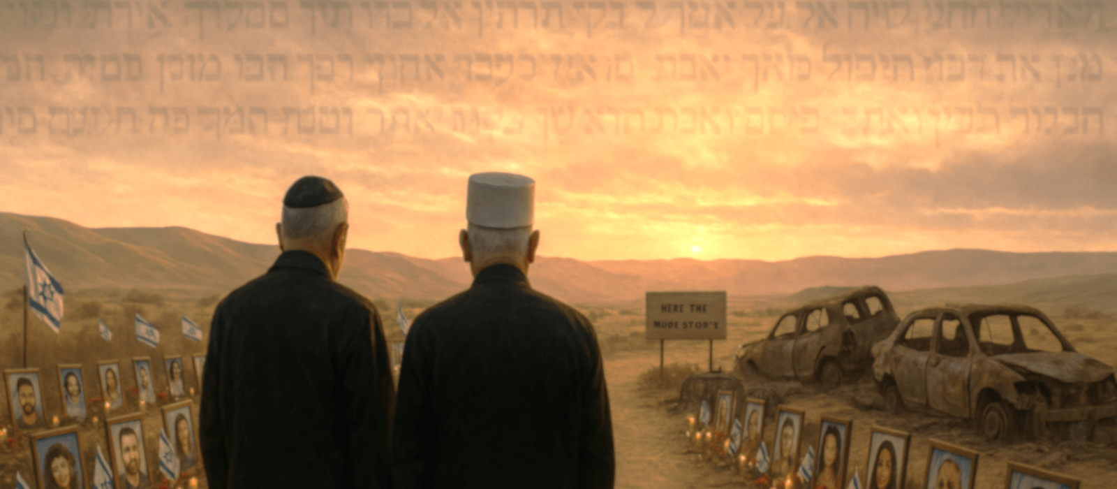 Two elderly Israeli veterans stand at the Nova festival memorial, surrounded by photos, candles, and flags under a golden Negev sky.